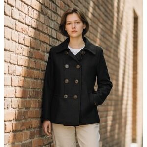 Gap Womens Jacket PS Black Wool Double Breasted PeaCoat Classic Preppy Old Money